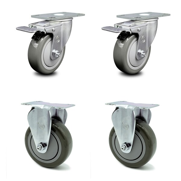 4 Inch Gray Polyurethane Swivel Top Plate Caster Lock Brakes 2 Rigid SCC, 2PK